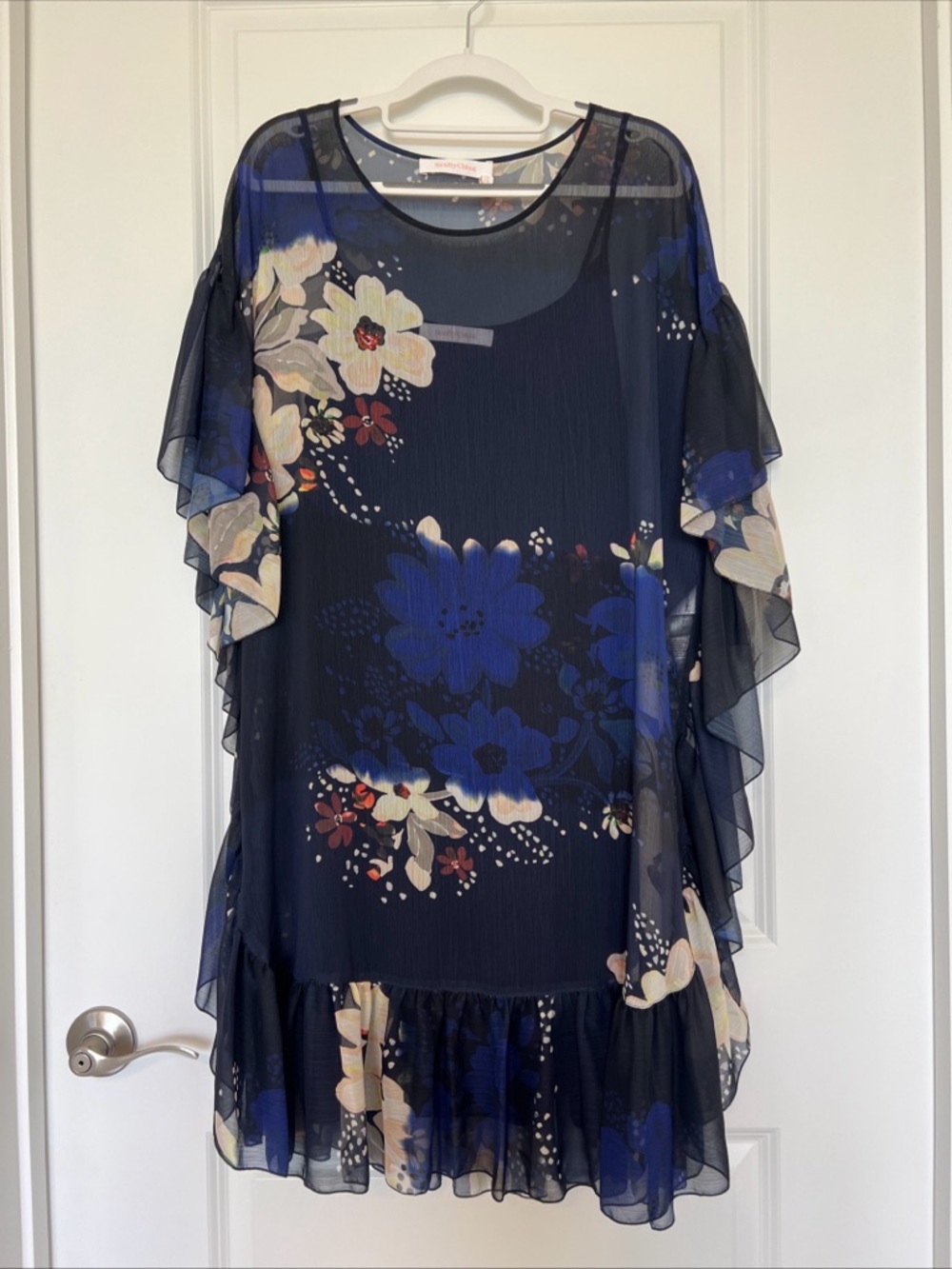 See By Chloe Caftan dress Navy Floral Sheer lined sz. 38